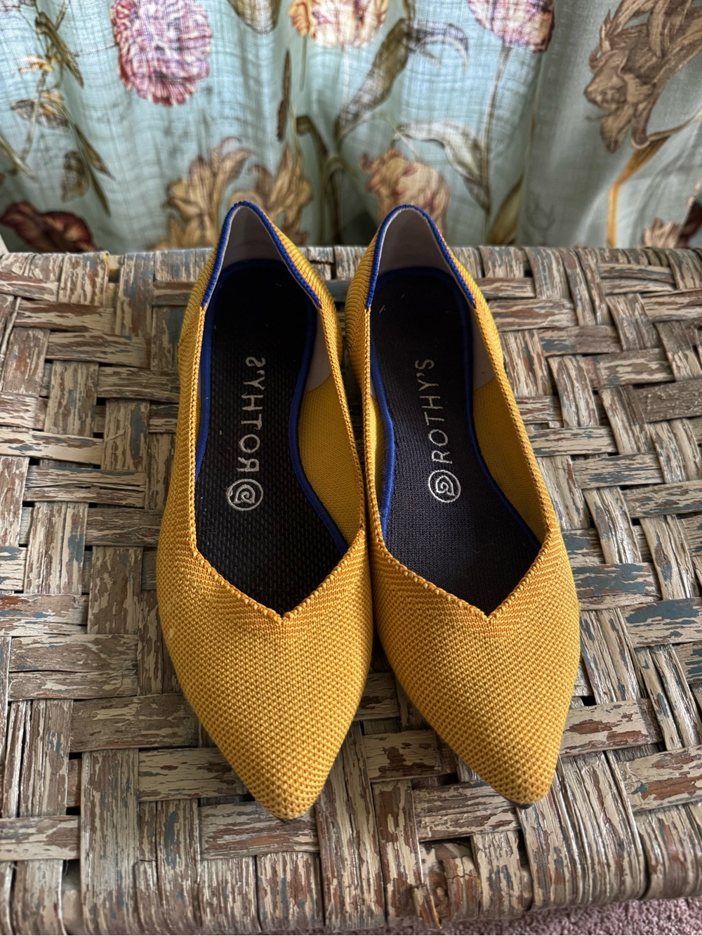 Rothy's Mustard Yellow Pointed Toe Flats with Blue Trim